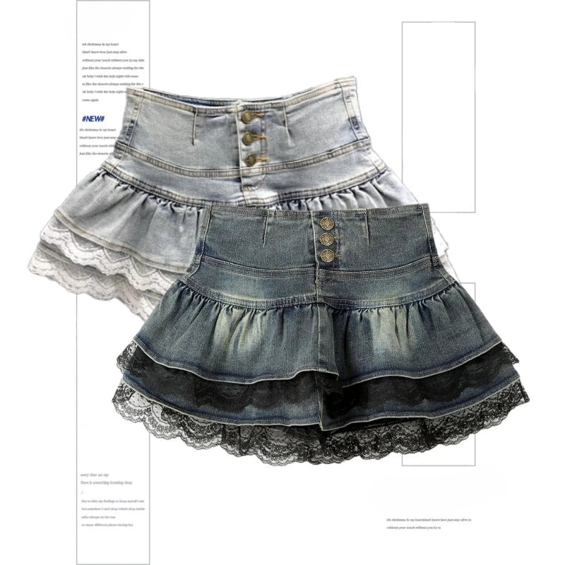 LaceFold™ – Pleated Denim Skirt with Shorts (American Spicy Girl)
