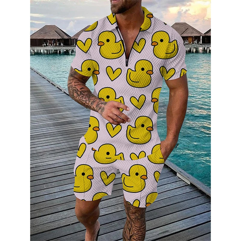 Men's 3D Print Polo & Shorts Set