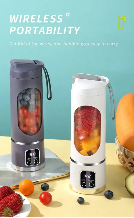 Two portable fruit juicers in gray and white, showcasing their wireless design and easy-grip features on a kitchen counter.