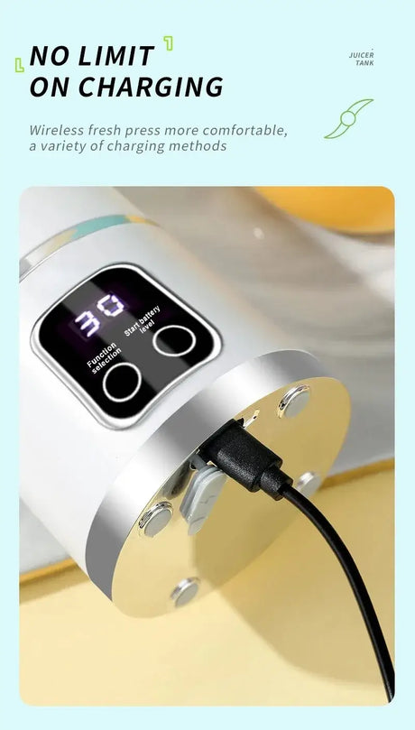 Close-up of wireless juicer charging port with digital display highlighting charging options and battery status.