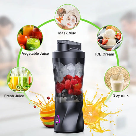 Electric Portable Juicer 700ML by KIRAINAFLY with fruits and beverages, showcasing versatile blending options like juice and ice cream.