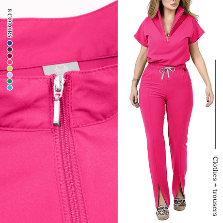 Women’s pink medical scrub set with zipper top and trousers, featuring adjustable drawstring and stylish design.