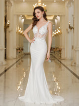 MisShow White Mermaid Wedding Dress featuring lace and pearl embellishments, perfect for elegant bridal looks.