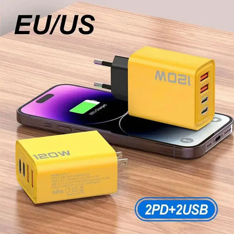 120W USB Type C fast charger with two USB ports, designed for quick charging of all devices, ideal for EU/US use.