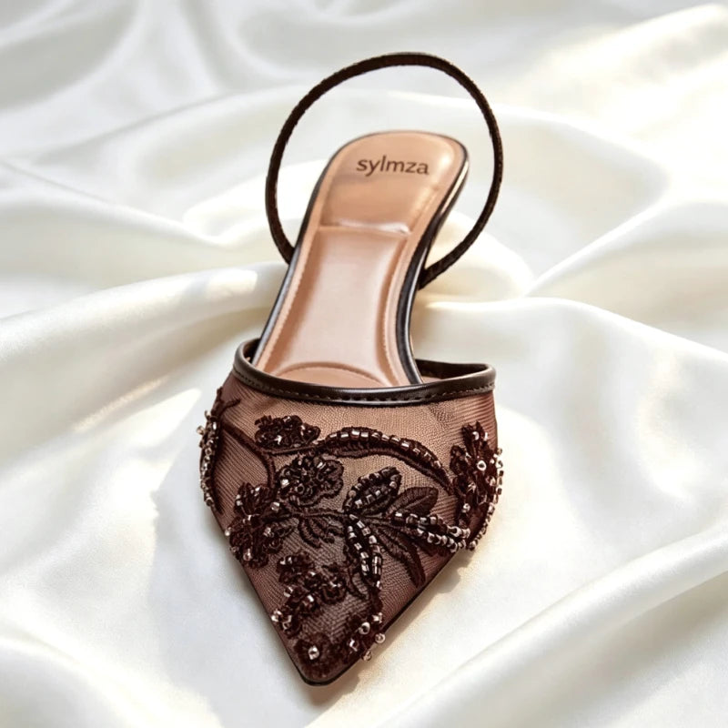 Women’s Brown Embroidered Mesh High Heel Sandals