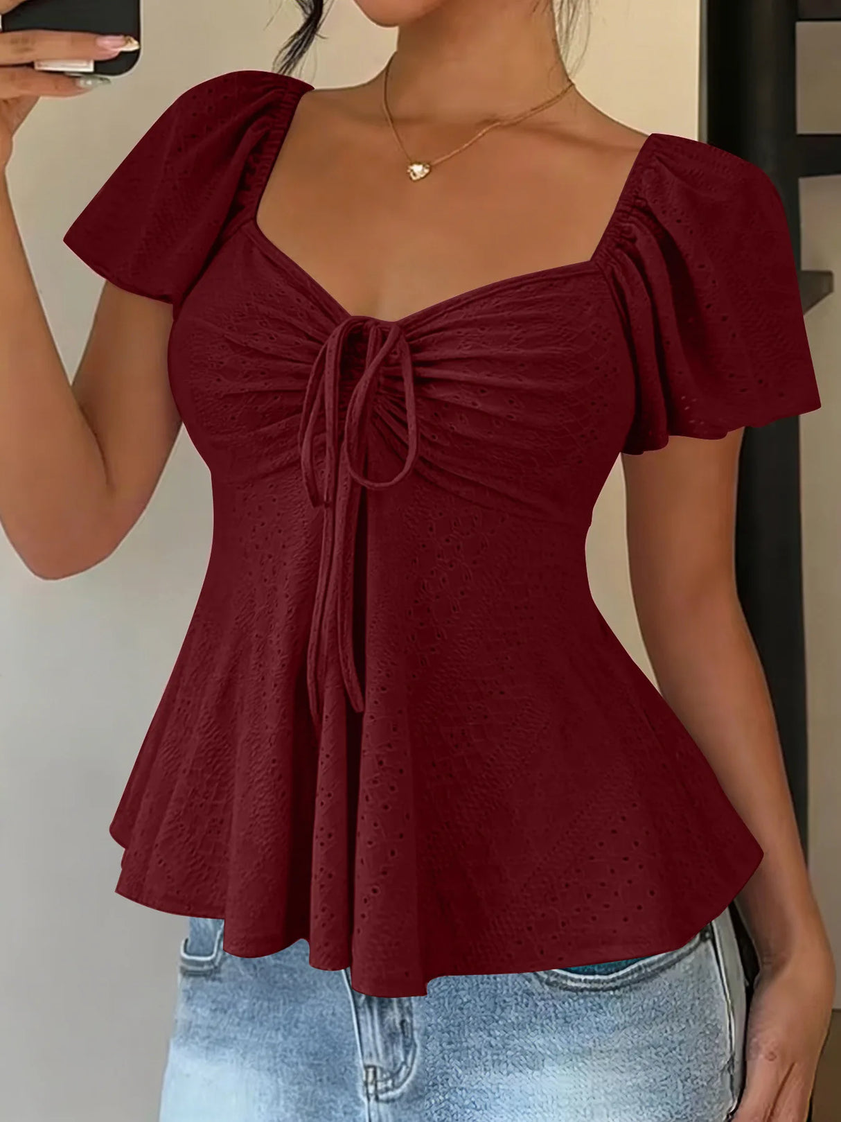 Luna Lace-Up V-Neck Blouse