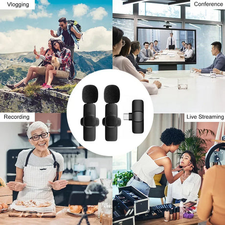 Wireless lavalier microphones showcased in vlogging, conference, recording, and live streaming settings by VIKEFON.