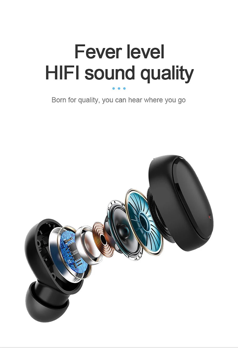 Exploded view of TWS A6S wireless Bluetooth headset showcasing high-fidelity sound quality and design features.