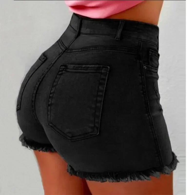 ColorTassel™ – Distressed Denim Hot Pants (Tassel-Trim, Multi-Color & Festival Vibe)