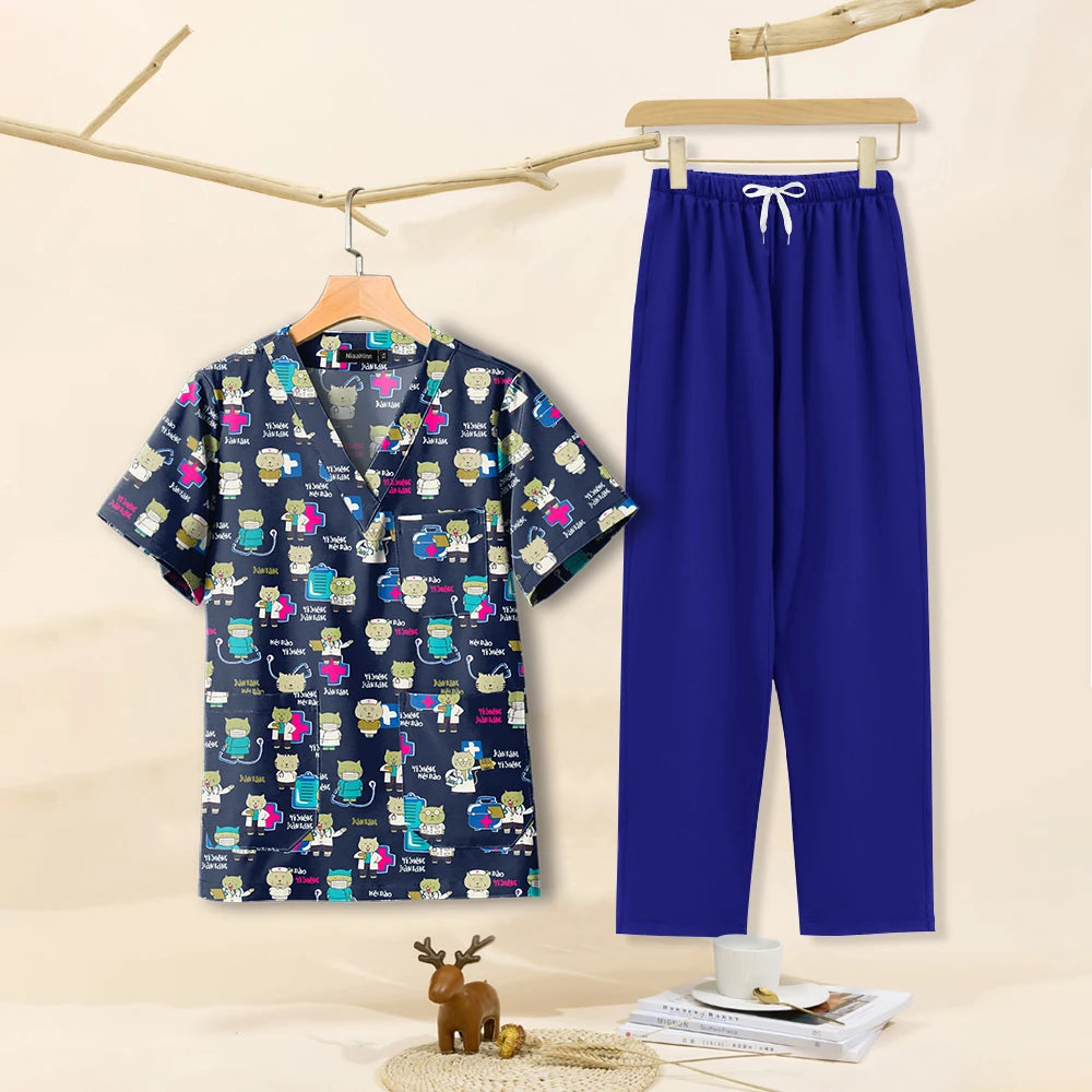 Cartoon print dental scrubs set for women, featuring breathable cotton fabric, ideal for pet grooming workwear.