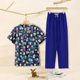 Cartoon print dental scrubs set for women, featuring breathable cotton fabric, ideal for pet grooming workwear.