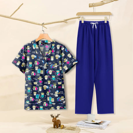 Cartoon print dental scrubs set for women, featuring breathable cotton fabric, ideal for pet grooming workwear.