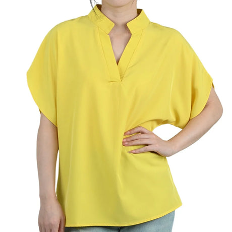 FlareFemme™ V-Neck yellow summer blouse with short flare sleeves for women, elegant midlife fit.