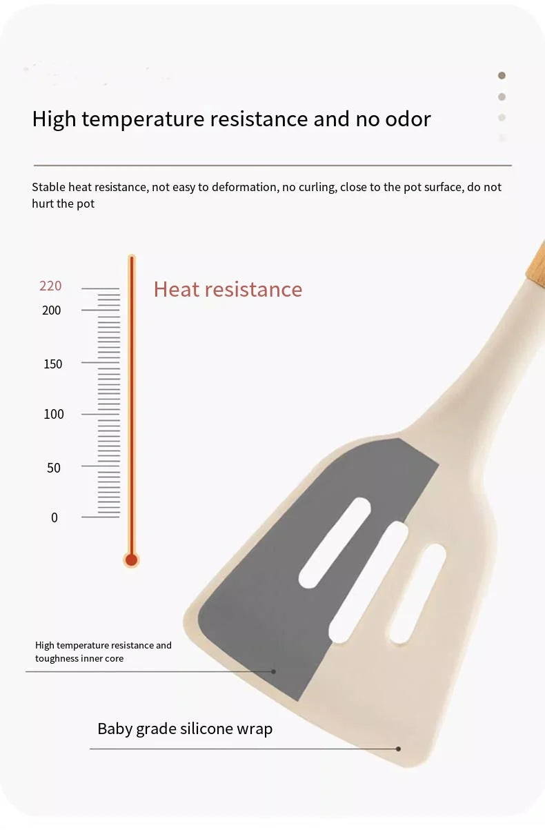 Silicone Cooking Utensil Set with Wooden Handle