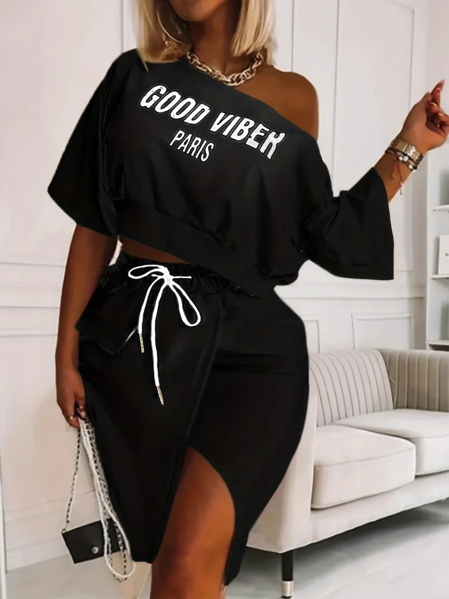 Plus Size One Shoulder Skirt Set