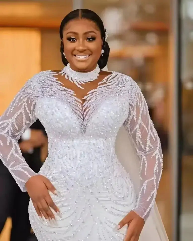 Women Beaded Mermaid Wedding Dress High Neck Long Sleeve
