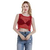 Model showcasing the MeshGlow™ hollow-out summer crop top in red fishnet, ideal for casual summer outings.