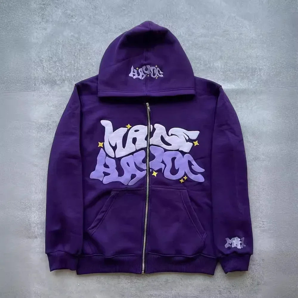 Unisex Retro Letter Zip Hoodie