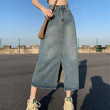 SplitEase™ – Long Washed Denim Skirt (High Waist, Hip Cover A-line)