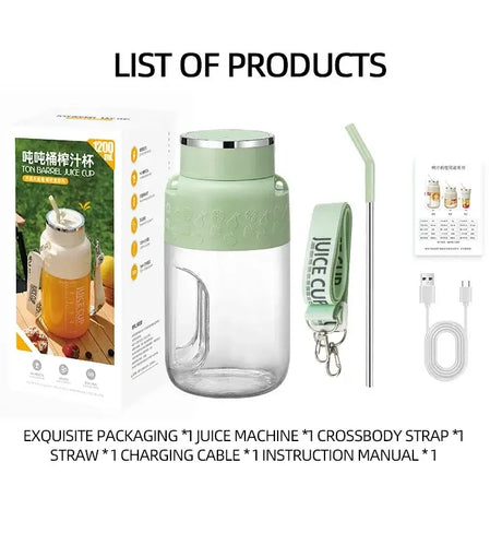 Wireless Portable Juicing Bucket with packaging, juice machine, crossbody strap, straw, charging cable, and instruction manual.