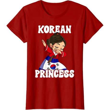 Korean Princess Cotton T-Shirt featuring a cartoon design on a vibrant red background, perfect gift for women.