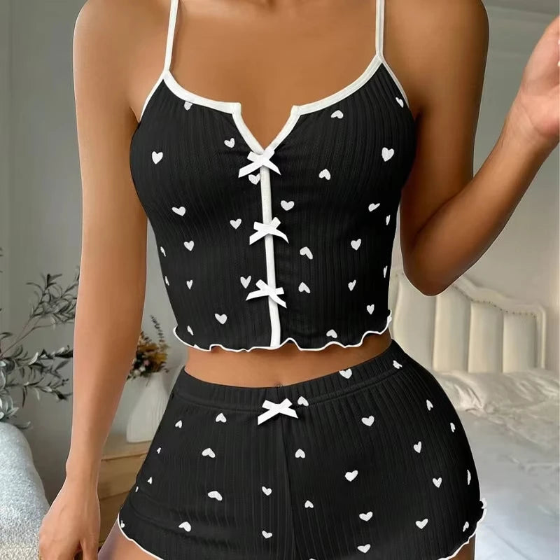 Women Heart Print Silk Pajamas