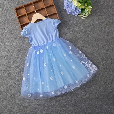 Girls summer flying sleeve dress in blue with embroidered flowers, knee-length, ideal for casual outings, age 4-6Y.