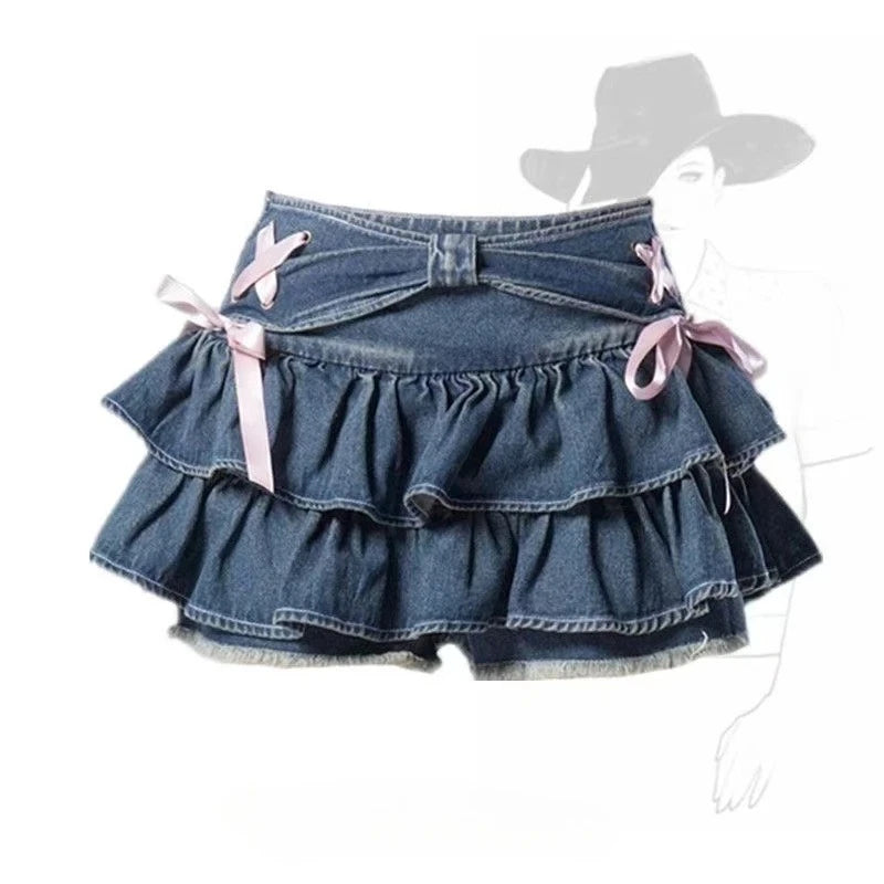 LaceFold™ – Pleated Denim Skirt with Shorts (American Spicy Girl)