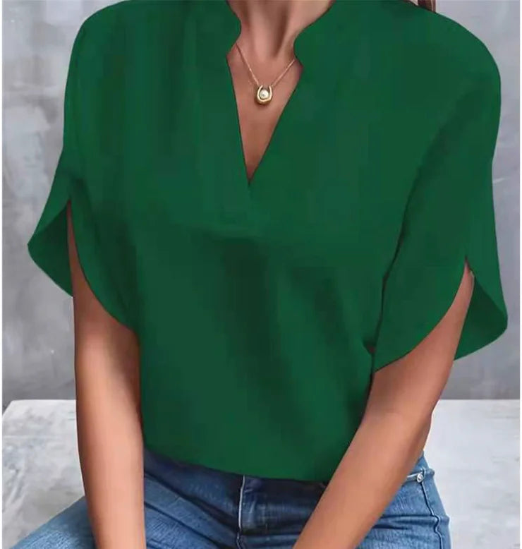Women Solid V-Neck Short Sleeve Blouse