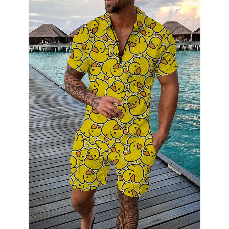 Men's 3D Print Polo & Shorts Set