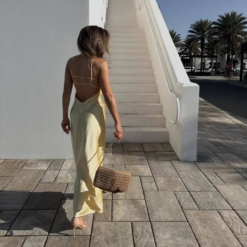 Golden Satin Backless Evening Gown