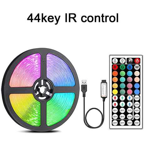 RGB LED strip lights on a reel with a 44-key remote control for easy color changing.
