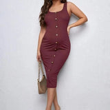 Solid color high stretch maternity dress in burgundy, knee-length, featuring buttons and a boat neck for stylish comfort.