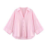 AsymLinen™ wide sleeve pink linen shirt, asymmetric button down, spring loose fit for women.