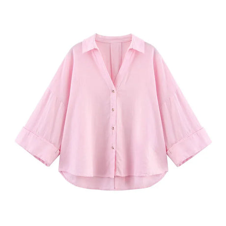 AsymLinen™ wide sleeve pink linen shirt, asymmetric button down, spring loose fit for women.