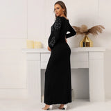 Elegant black ankle-length maternity dress with sequined sleeves, perfect for summer parties and photography.