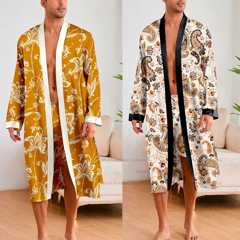 Men’s Leopard Satin Bathrobe Set