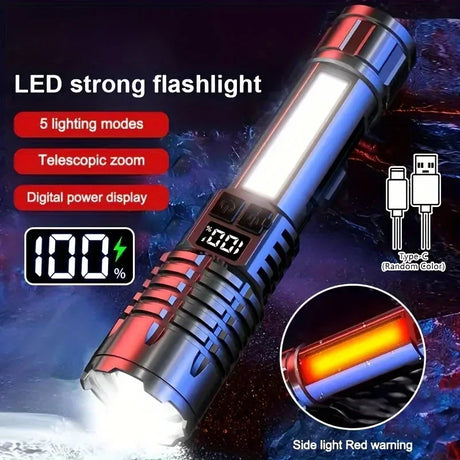 Heinast LED flashlight featuring 5 modes, telescopic zoom, and digital power display for camping and outdoor use.