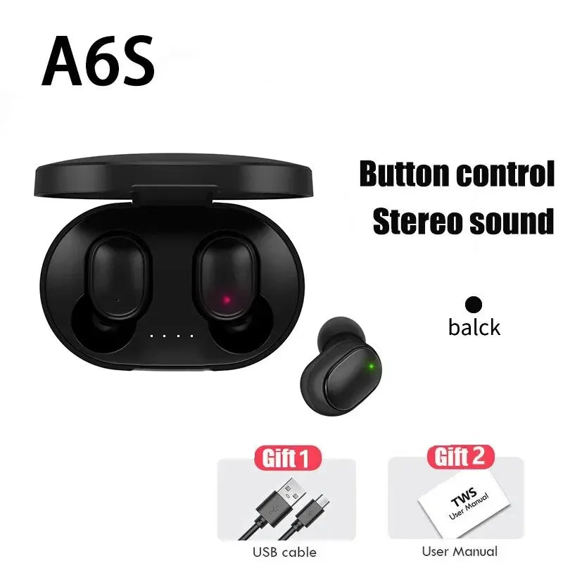 TWS A6S Wireless Bluetooth headset in charging case, featuring button control and stereo sound, includes USB cable and user manual.