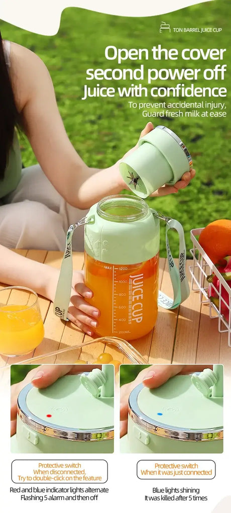 User demonstrating a wireless portable juicing bucket outdoors, showcasing juice extraction features and safety indicators.