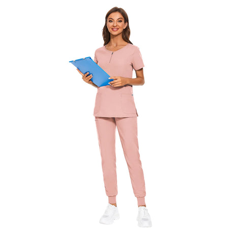 7-color nursing work uniform featuring zipper V-neck top and pants in pink, suitable for beauty salons and healthcare.