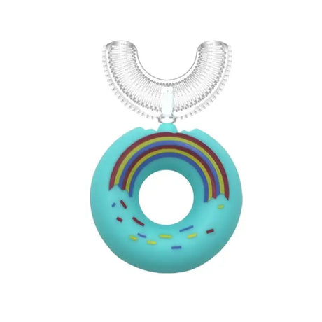 Rainbow silicone baby training toothbrush designed for infants, promotes healthy dental habits while being fun and engaging.