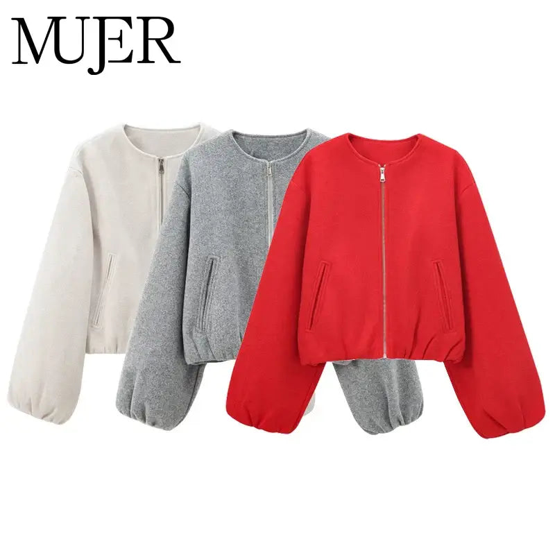 Women Red Zipper Cropped Bomber Jacket