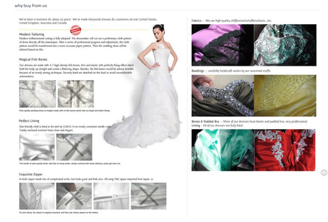 Informative bridal gown showcasing modern tailoring, fabrics, and features including exquisite detailing and perfect lining.