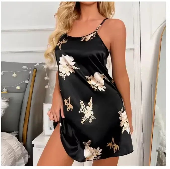 Women Black Floral Nightdress Satin Sleepshirt Casual