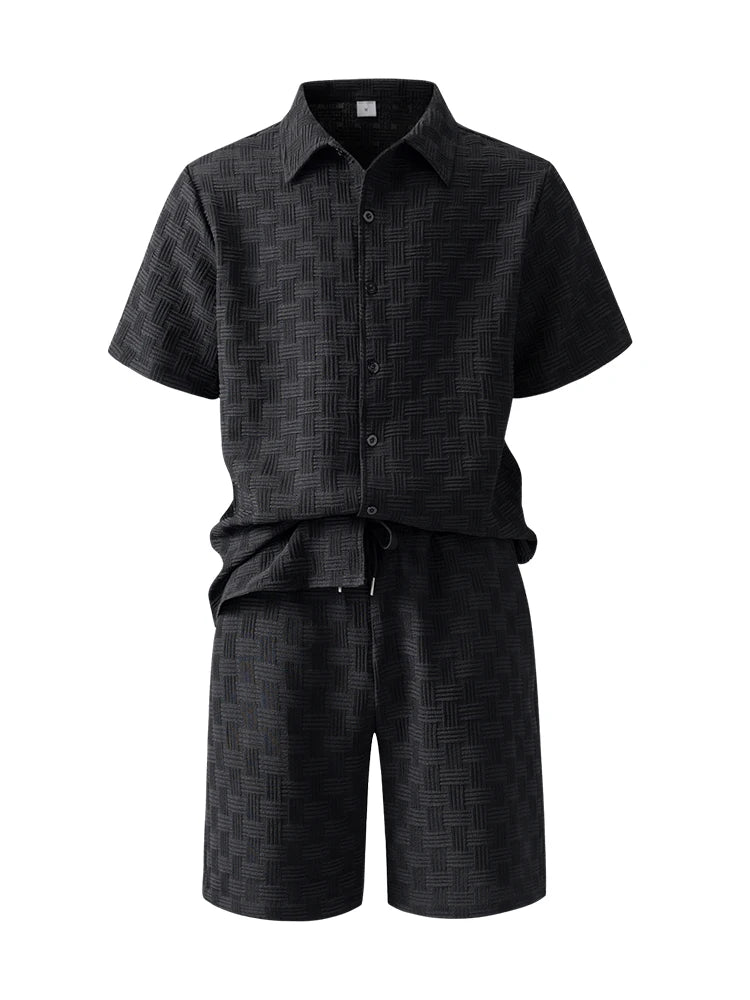 Men Jacquard Shirt Shorts Set