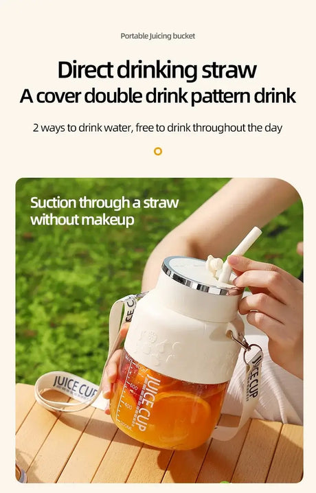 Portable juicing bucket with direct drinking straw for easy hydration, showcasing a stylish double drink pattern.