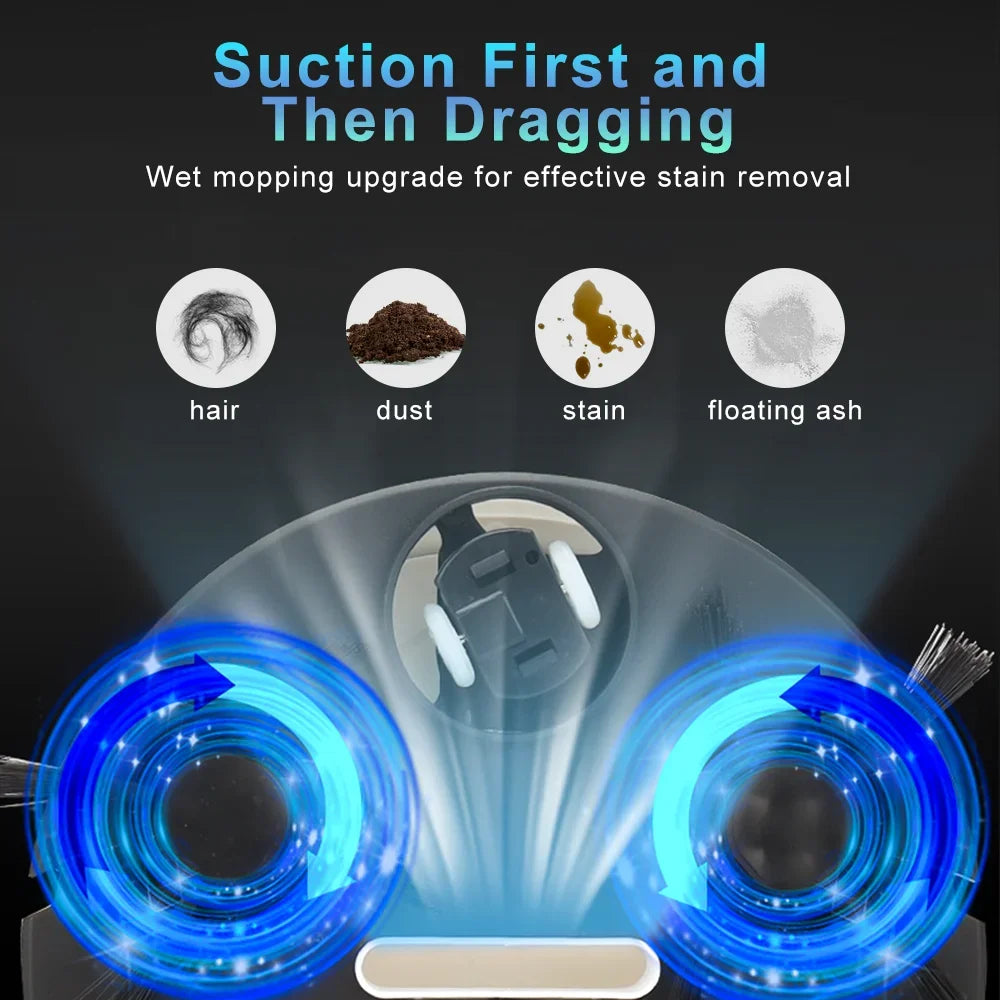 Smart 3-in-1 Sweeping Robot showcasing suction and mopping features for effective stain removal and clean surfaces.