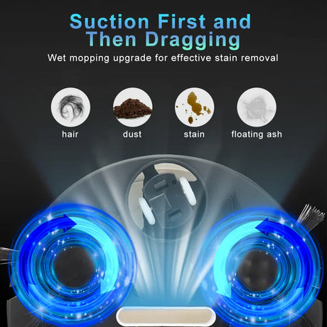 Smart 3-in-1 Sweeping Robot showcasing suction and mopping features for effective stain removal and clean surfaces.
