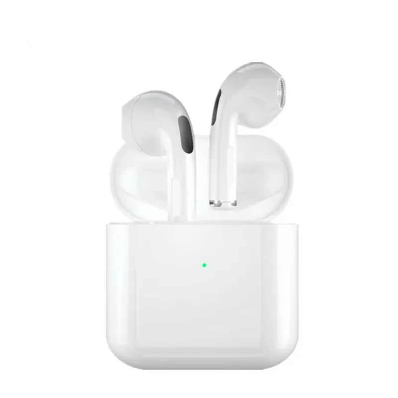 TWS semi-in-ear wireless headphones in charging case, featuring sleek design and noise-cancelling capabilities.